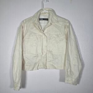 Zara Cropped Utility Shirt Jacket Cream Button Front Womens XS